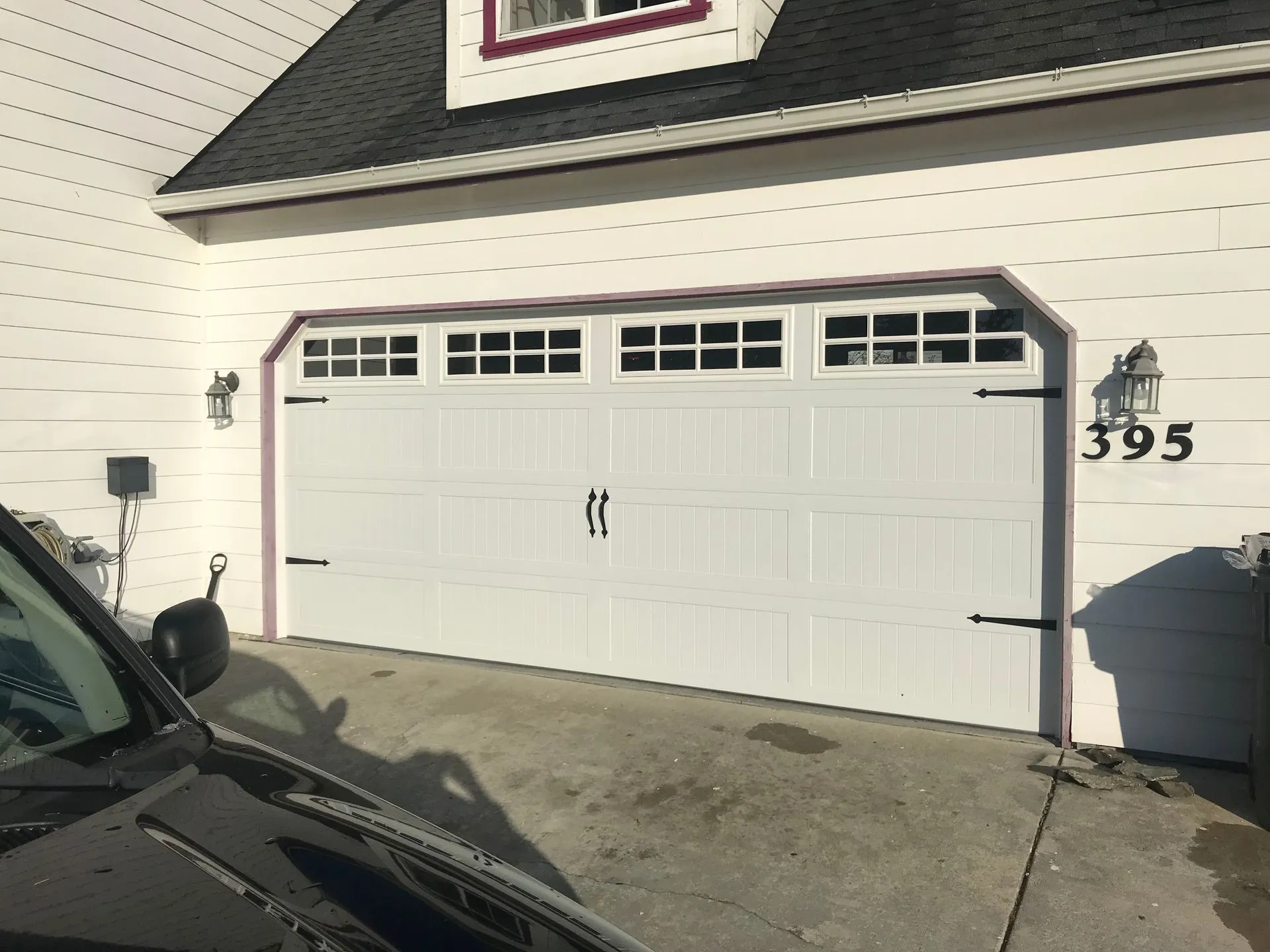 16x7 stamped carriage long-panel garage door with Stockton window inserts