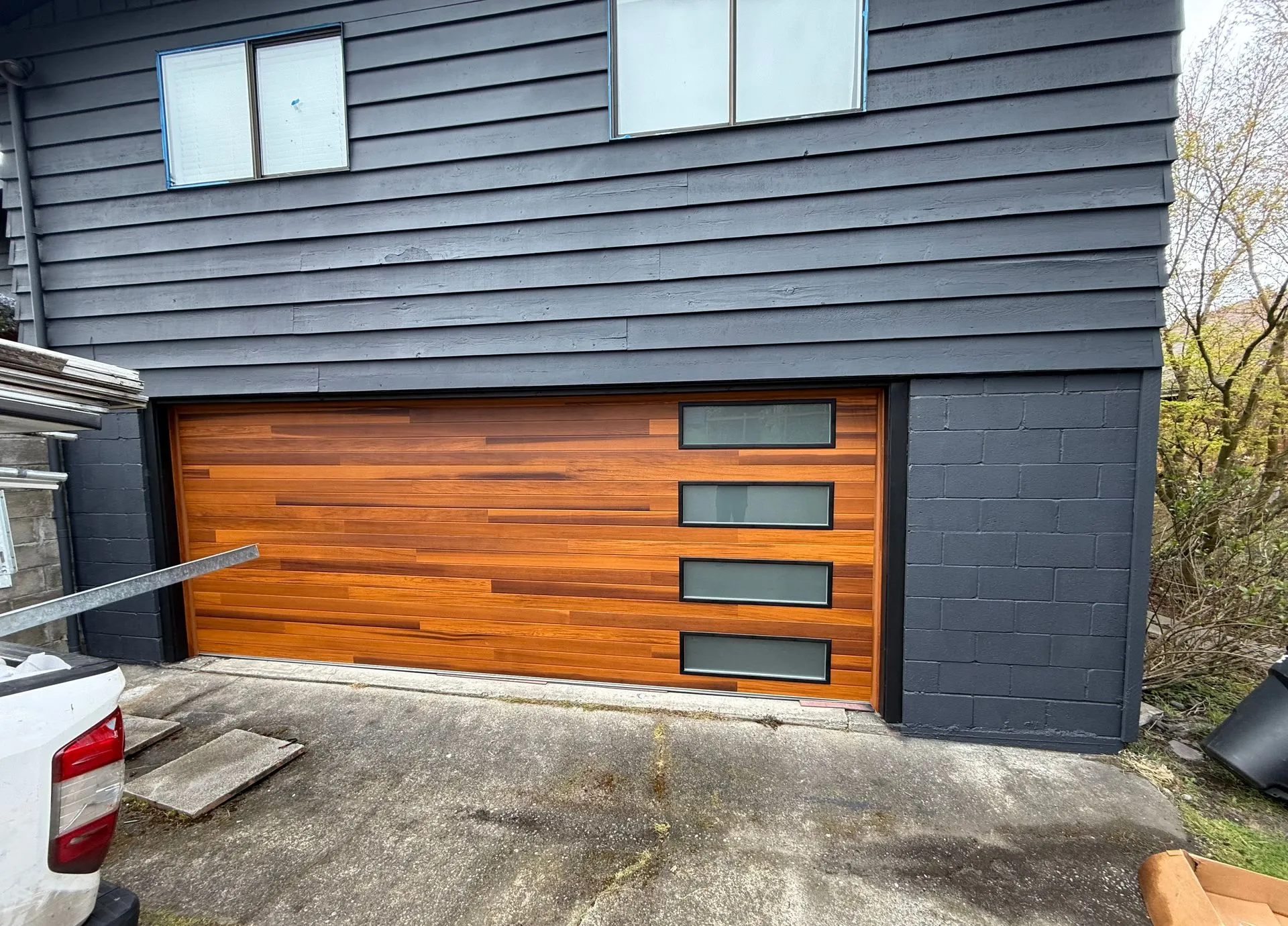 18x7 CHI Planks model 2347 door in cedar with frosted glass and black frames