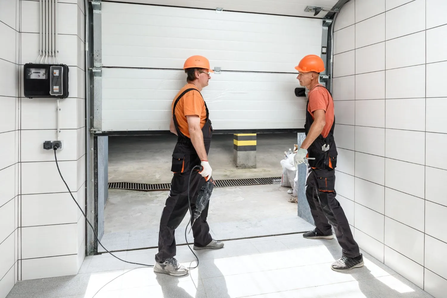 Two technicians watching a white sectional door during a test run