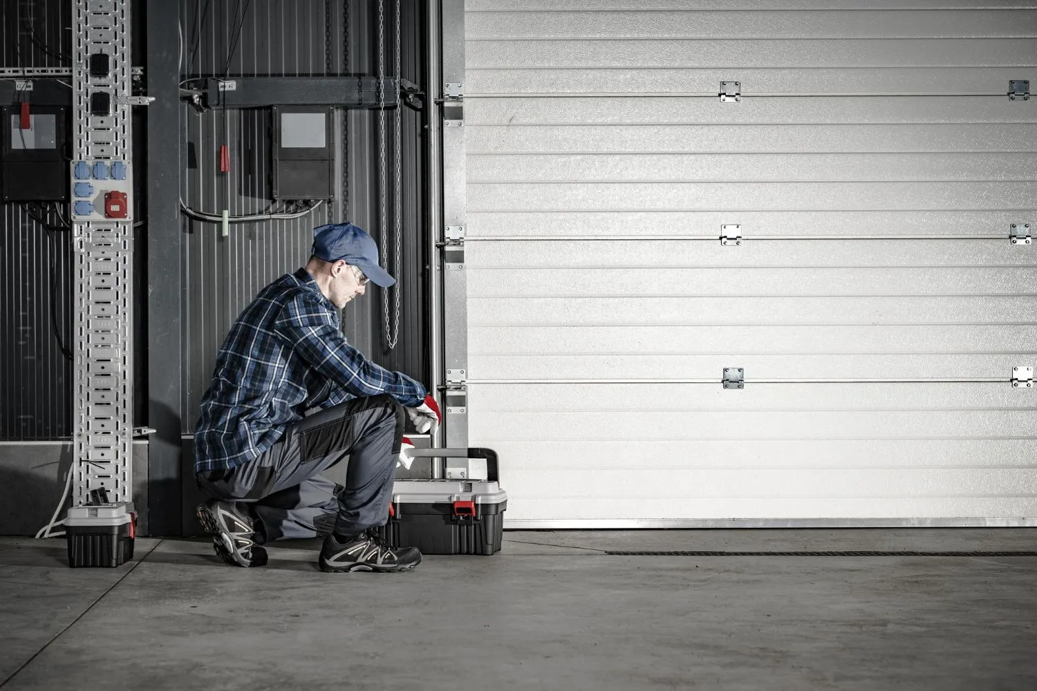 Technician kneeling with a toolbox beside a white sectional door in a workshop