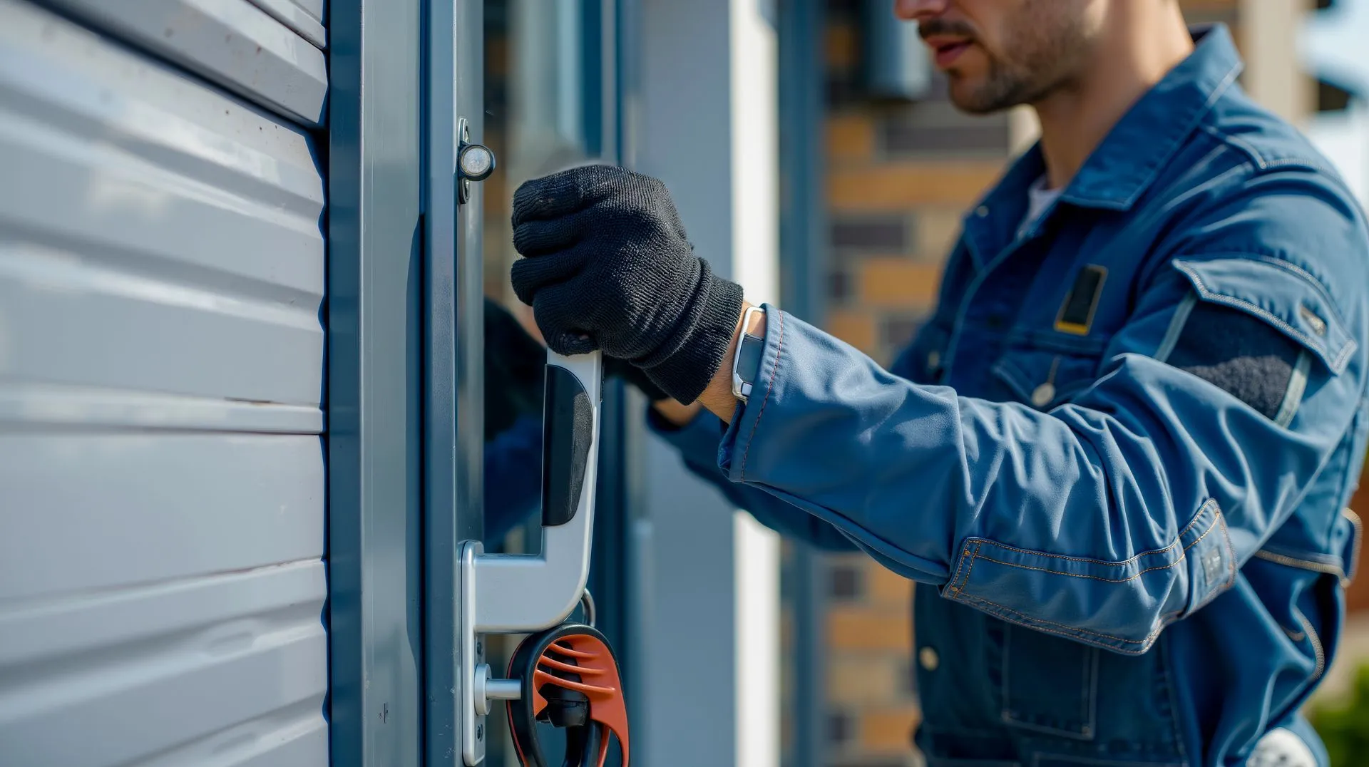 Technician in blue coveralls testing the handle on a roller shutter door