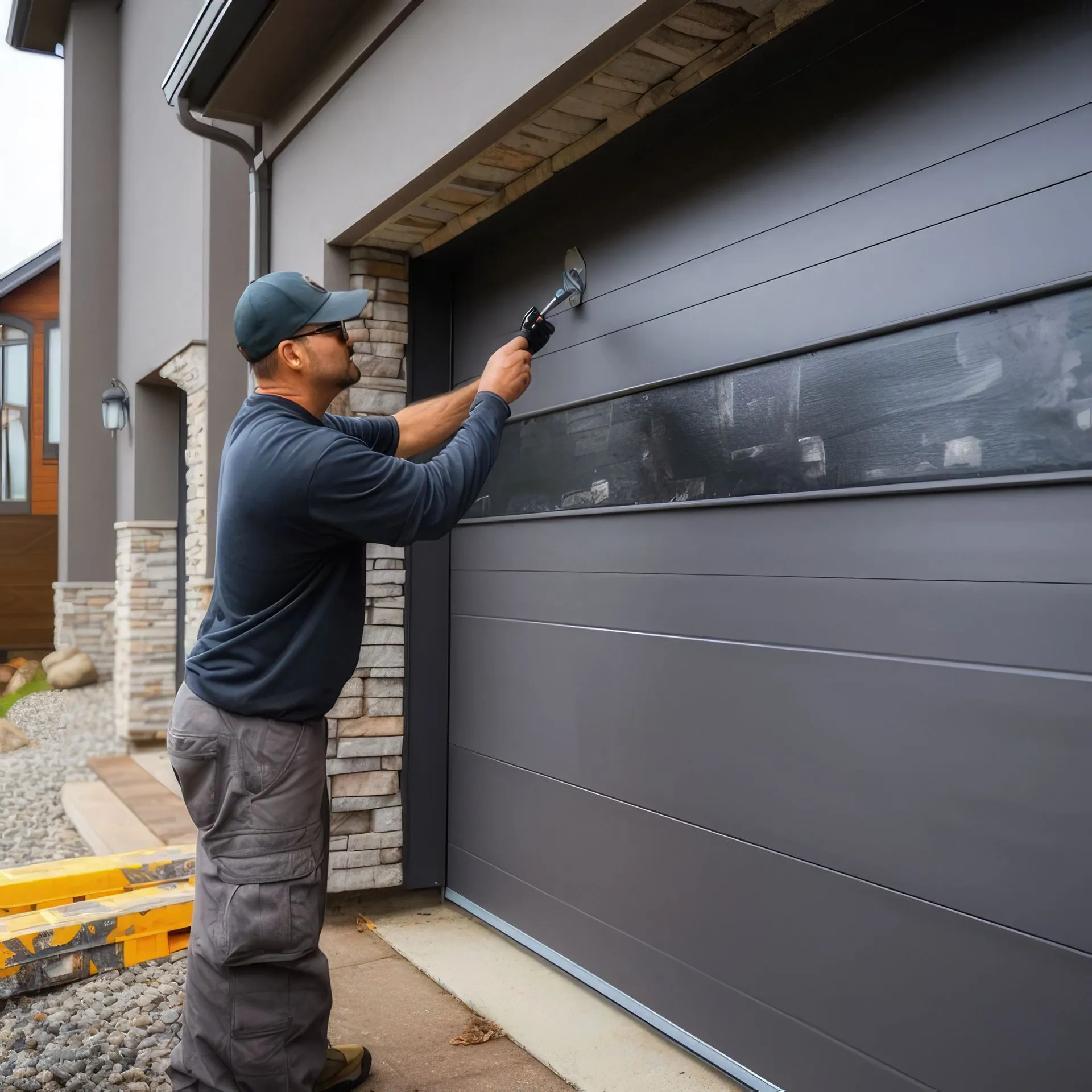 Technician working on the top panel of a dark grey sectional garage door